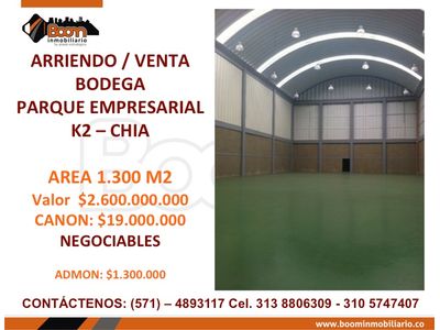 *ARRIENDO VENTA BODEGA 1.300 M2 CHIA