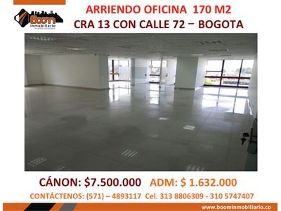 *ARRIENDO OFICINA 170 M2 CLL 72 CON 13