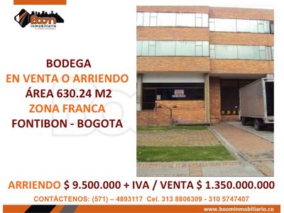 *VENTA ARRIENDO BODEGA 630 ZONA FRANCA FONTIBON