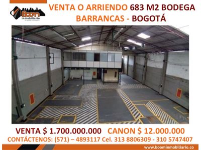 *VENTA ARRIENDO BODEGA 683 M2 BARRANCAS