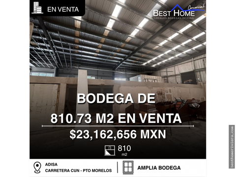 bodega de 810 m2 en venta en adisa carretera a pto morelos cun