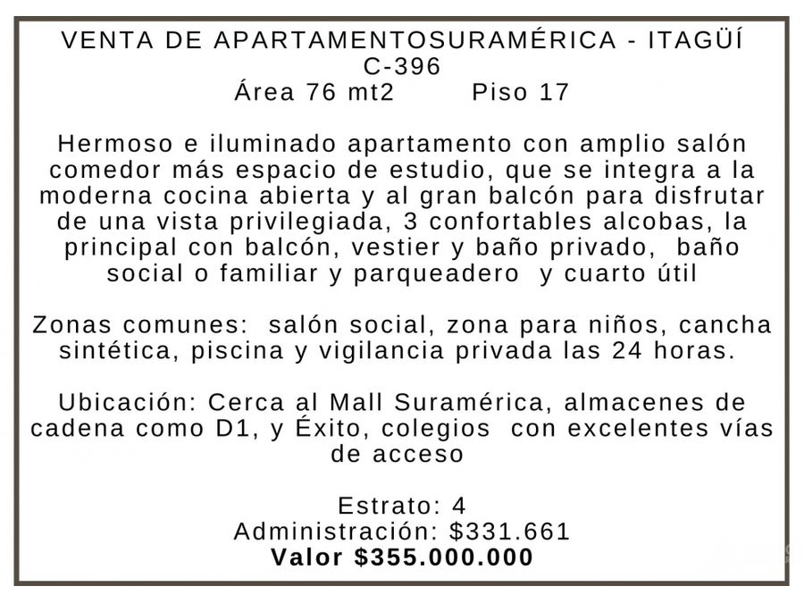 venta apartamento suramerica itaui c 396