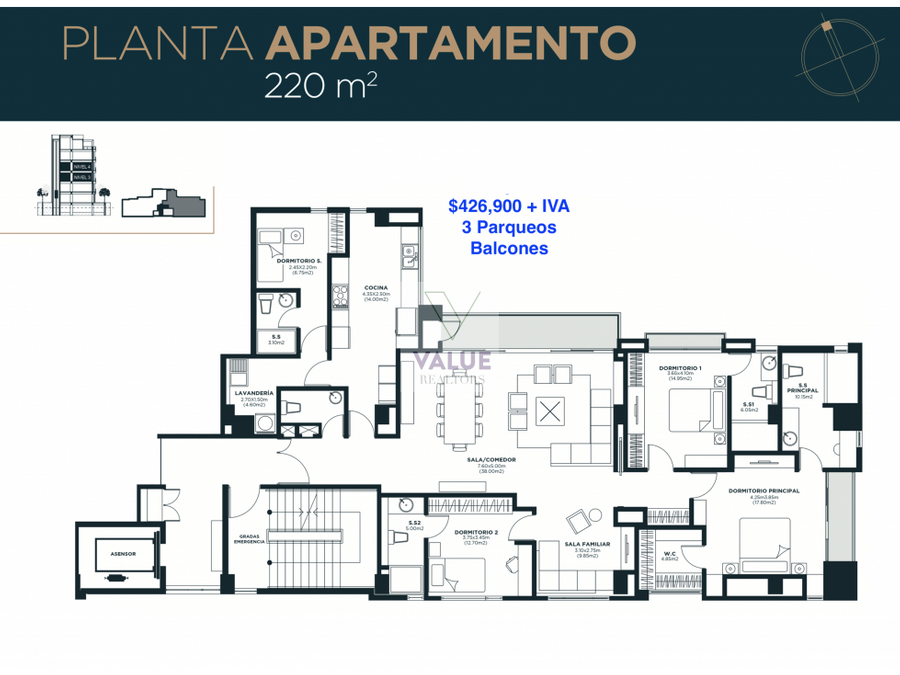 venta apartamento z15 220m2 3 dorms con balcon 1