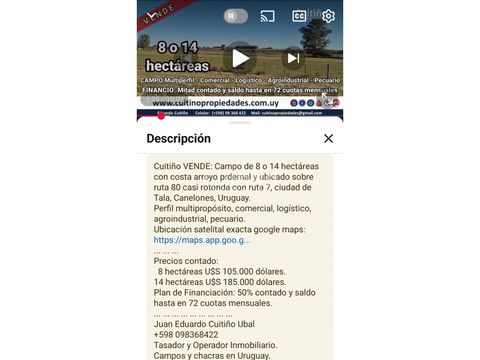 campo de 8 o 14 has con arroyo sobre ruta 80 casi rotonda con ruta 7