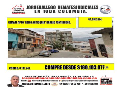 remate apartamento bello antioquia barrio fontidueno